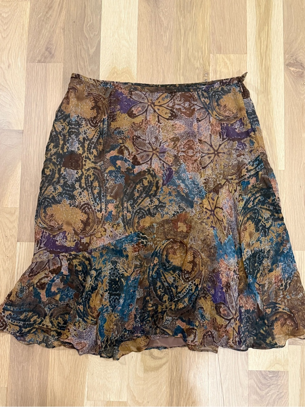 Silk Women's Multicolor Floral Paisley Flared Brown Midi Skirt Size XL